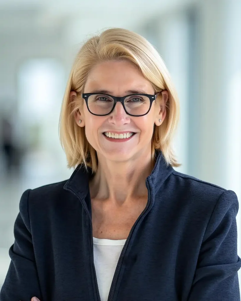 President and CEO Christine Winge smiling while standing in a bright office setting, wearing glasses and a dark jacket.