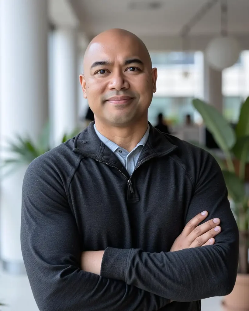 Marketing Manager Jerrold Simon standing with arms crossed in a bright indoor space, smiling confidently at the camera.