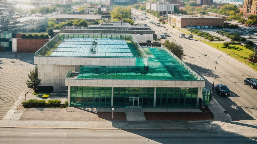 Concept exterior rendering of a new Meals on Wheels of the Monterey Peninsula facility showing a modern building with a glass facade and surrounding streets.