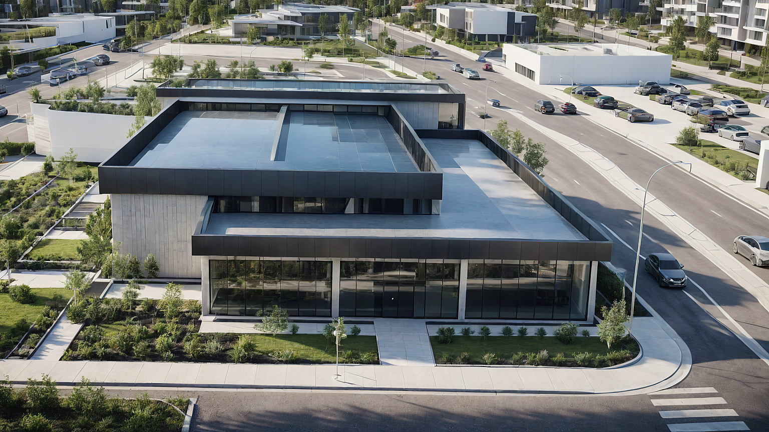 Concept exterior rendering of a new Meals on Wheels of the Monterey Peninsula facility showing a modern multi-level building in an urban setting.