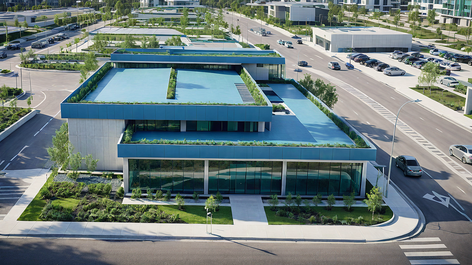 Concept exterior rendering of a new Meals on Wheels of the Monterey Peninsula facility showing a modern building with landscaped surroundings and nearby streets.