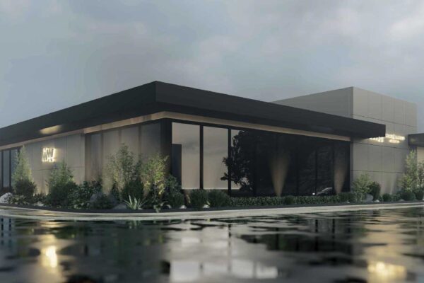 Proposed exterior concept rendering of the new Meals on Wheels of the Monterey Peninsula kitchen facility in Seaside, California.